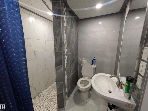 Modern bathroom featuring a wall-mounted sink with brushed nickel faucet, a full-length oval mirror, ceramic tile walls, recessed lighting, and a walk-in shower with a pebble-tile floor - 11915 77 Street Nw, Edmonton, AB - Indoor Photo Showing Bathroom