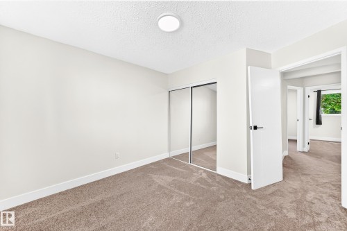 Neutral tone wall paint with white trim, brown carpet flooring, and a flush mount ceiling light fixture - 3119 144 Avenue Nw, Edmonton, AB - Indoor Photo Showing Other Room