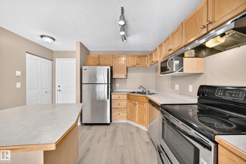 Kitchen featuring wood-finish cabinetry, stainless steel appliances, light-toned countertops, and wood-finish flooring - #317 245 Edwards Dr Sw, Edmonton, AB - Indoor Photo Showing Kitchen With Stainless Steel Kitchen With Double Sink