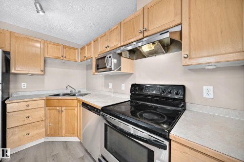 Kitchen featuring light wood cabinetry with silver hardware, light-toned countertops, a double basin stainless steel sink, and stainless steel appliances including a built-in microwave and range - #317 245 Edwards Dr Sw, Edmonton, AB - Indoor Photo Showing Kitchen With Double Sink
