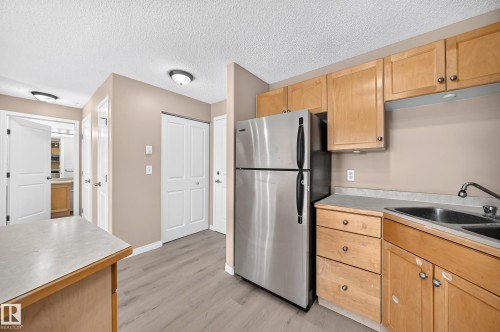 Kitchen area featuring natural wood cabinetry, a stainless steel refrigerator, and a double basin sink - #317 245 Edwards Dr Sw, Edmonton, AB - Indoor Photo Showing Kitchen