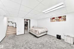 Carpeted room featuring a drop ceiling with integrated fluorescent lighting, white walls, and a light wood-finish staircase with dark accents - 