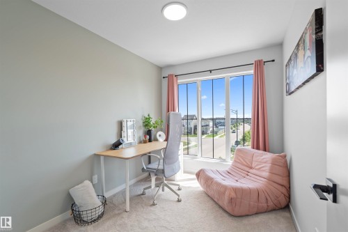 Carpeted room with a large multi-pane window, light gray wall paint, and a flush-mount ceiling light fixture - 8047 227 Street Nw, Edmonton, AB - Indoor Photo Showing Office