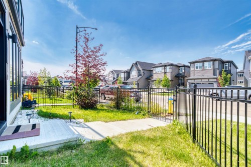 Side yard with concrete patio and pathway, featuring a black metal fence and mature landscaping - 8047 227 Street Nw, Edmonton, AB - Outdoor