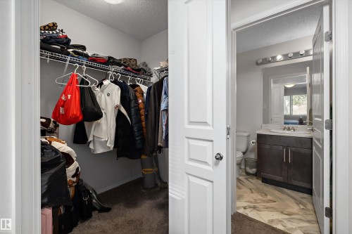 Walk-in closet featuring wire shelving and carpet flooring - #143 301 Clareview Station Dr Nw, Edmonton, AB - Indoor With Storage