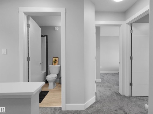 Hallway featuring light gray carpeting, white trim, and white paneled doors - #81 6905 25 Av Sw, Edmonton, AB - Indoor Photo Showing Bathroom
