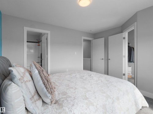 Spacious bedroom featuring light grey wall paint, plush carpeting, and a flush-mount ceiling light fixture - #81 6905 25 Av Sw, Edmonton, AB - Indoor Photo Showing Bedroom