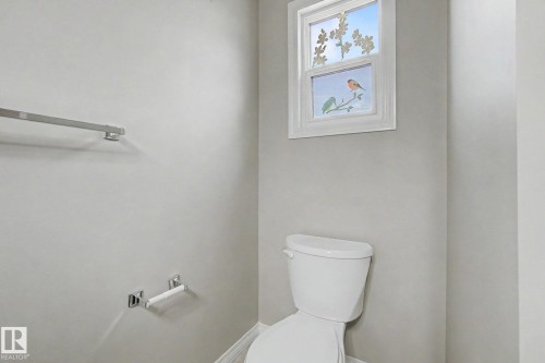 White toilet with a decorative window featuring a bird motif - 315 Watt Boulevard Sw, Edmonton, AB 