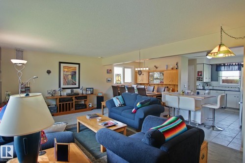 Open-concept living space featuring a living area with soft carpet, a dining area with wood-finish flooring, and a kitchen with tiled flooring - 3536 104 Street Nw, Edmonton, AB - Indoor Photo Showing Living Room