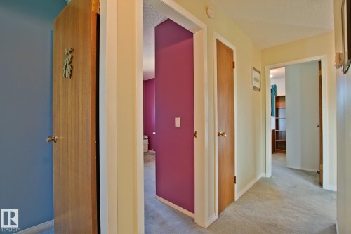Carpeted hallway with multiple doorways offering access to various rooms - 3536 104 Street Nw, Edmonton, AB - Indoor Photo Showing Other Room