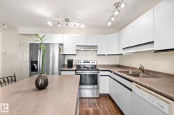 Kitchen featuring white cabinetry, wood-finish flooring, stainless steel appliances, track lighting, and a double basin sink - 