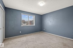 Carpeted room with a single window featuring horizontal blinds - 