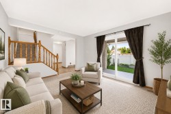 Living area with light-toned walls and carpeted flooring - 
