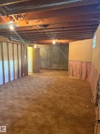 Carpeted lower level featuring exposed ceiling joists, wood framing, concrete foundation walls, and visible electrical wiring - 
