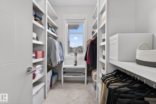 Walk-in closet featuring extensive built-in shelving, multiple hanging rods, a central window, and neutral-toned carpeting - 1313 Hainstock Way Sw, Edmonton, AB - Indoor With Storage