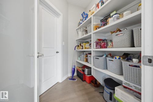 Walk-in pantry featuring extensive built-in shelving, light gray wall paint, white trim, and wood-finish flooring - 3870 Robins Crescent Nw, Edmonton, AB - Indoor With Storage