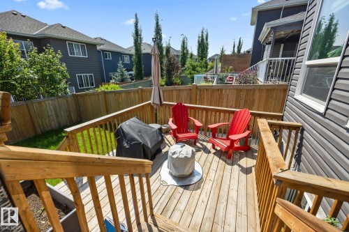 Spacious wooden deck featuring natural wood railings and an umbrella stand - 3870 Robins Crescent Nw, Edmonton, AB - Outdoor With Deck Patio Veranda With Exterior