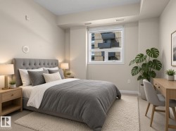 Wall-to-wall carpeting with a tufted headboard, recessed window with blinds, and built-in ceiling lighting - 