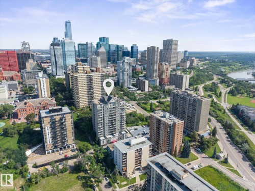 High-rise residential building featuring multiple balconies and a pointed roofline - #707 9819 104 St Nw, Edmonton, AB - Outdoor With View