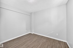 Neutral gray walls with white trim, wood-finish flooring, and a textured white ceiling - 
