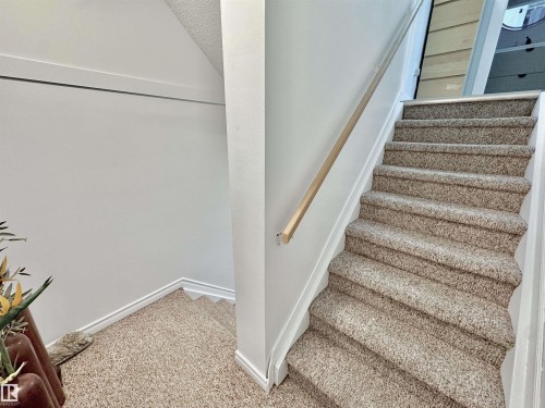 Staircase featuring textured carpeting, white risers, and a light-toned wooden handrail - #29 13580 38 St Nw, Edmonton, AB - Indoor Photo Showing Other Room
