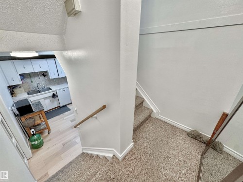 Carpeted staircase with white risers and baseboards - #29 13580 38 St Nw, Edmonton, AB - Indoor