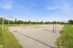 Outdoor sports court featuring asphalt surfacing, basketball hoops, and a soccer net, surrounded by green space and mature trees - 