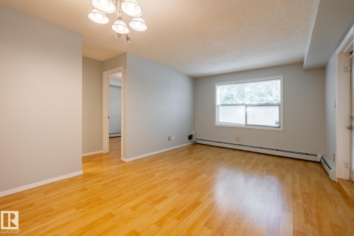 Spacious living area featuring wood-finish flooring, light grey walls, and a large window with natural light - #103 12838 65 St Nw Nw, Edmonton, AB - Indoor Photo Showing Other Room