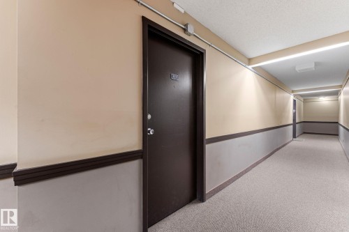 Hallway featuring neutral-toned walls with dark trim, light-colored carpeting, and overhead fluorescent lighting - #503 10175 114 St Nw, Edmonton, AB - Indoor Photo Showing Other Room