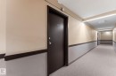 Hallway featuring neutral-toned walls with dark trim, light-colored carpeting, and overhead fluorescent lighting - #503 10175 114 St Nw, Edmonton, AB  - Indoor Photo Showing Other Room 