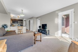 Open-concept living space featuring neutral carpeting, light gray wall paint, and white trim - 