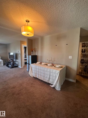 Expansive carpeted area with a modern drum pendant light fixture and neutral wall tones - #419 11808 22 Av Sw, Edmonton, AB - Indoor Photo Showing Bedroom