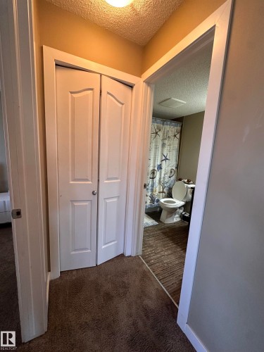 Hallway featuring textured brown carpet and white bi-fold closet doors - #419 11808 22 Av Sw, Edmonton, AB - Indoor Photo Showing Other Room