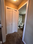 Hallway featuring textured brown carpet and white bi-fold closet doors - 