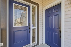 Deep blue paneled entry doors with white trim - 