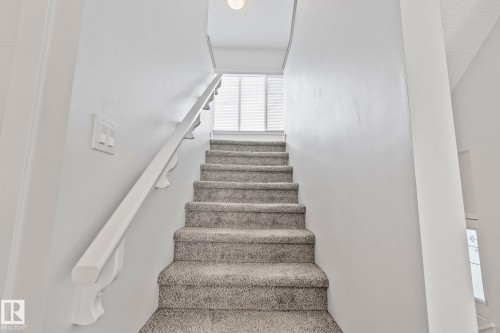 Carpeted staircase featuring a white painted handrail with decorative brackets - 249 39A Avenue, Edmonton, AB - Indoor Photo Showing Other Room