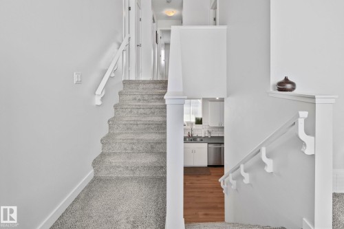Carpeted staircase with white painted handrails - 249 39A Avenue, Edmonton, AB - Indoor Photo Showing Other Room