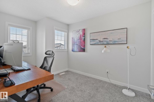 Bright interior room featuring a neutral color palette, two windows with blinds, a ceiling-mounted light fixture, and textured carpeting - 249 39A Avenue, Edmonton, AB - Indoor Photo Showing Office