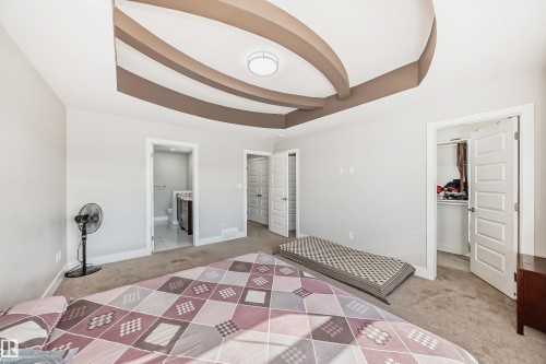 Spacious room featuring a decorative tray ceiling with recessed lighting, light gray walls, and carpet flooring - 2464 15 Avenue Nw, Edmonton, AB - Indoor Photo Showing Bedroom