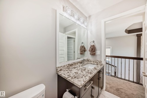 Bathroom vanity featuring a vessel sink, patterned countertop, dark wood-finish cabinetry, and a framed mirror with a polished chrome light fixture - 2464 15 Avenue Nw, Edmonton, AB - Indoor Photo Showing Bathroom