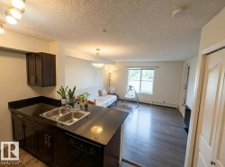 Kitchen island with an undermount double basin stainless steel sink, dark cabinetry, and dark countertops - 