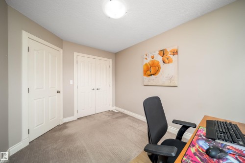 Neutral-toned room featuring a single panel door, a double bifold door, textured carpeting, and a flush mount ceiling light - 11342 79 Avenue, Edmonton, AB - Indoor Photo Showing Office