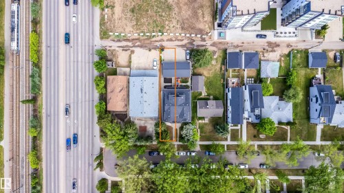 Aerial perspective showcasing a property with a distinct, rectangular lot - 11342 79 Avenue, Edmonton, AB - Outdoor