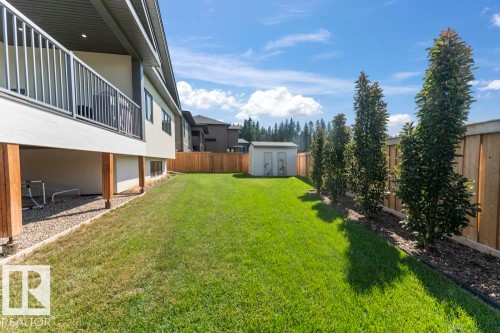 Expansive backyard featuring a lush lawn, privacy fencing, and a line of mature columnar trees - 2503 Lockhart Way, Cold Lake, AB - Outdoor With Exterior
