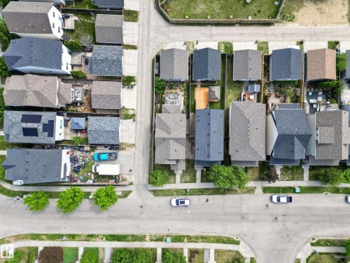 Aerial perspective showcasing residential streets and a variety of housing styles - 9847 220 Street Nw, Edmonton, AB - Outdoor With View