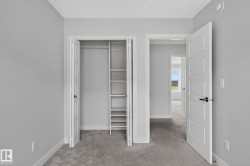 Interior room featuring light gray walls, gray carpet, white trim, and a textured ceiling - 