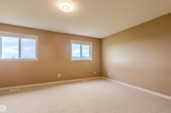 Carpeted room with two windows, a neutral wall color, and a flush-mount ceiling light fixture - 