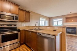 Kitchen featuring stainless steel appliances, wood-finish cabinetry, a double basin sink, light-toned countertops, and tile backsplash - 