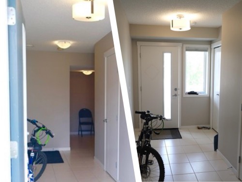 Entryway featuring tile flooring, a white front door with a vertical glass insert, a side window, and flush-mount lighting - 17263 9 Avenue Sw, Edmonton, AB 