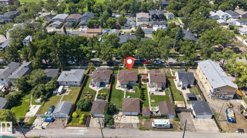 Aerial perspective showcasing a residential street with mature trees and established properties - 12229 88 Street Nw, Edmonton, AB - Outdoor With View